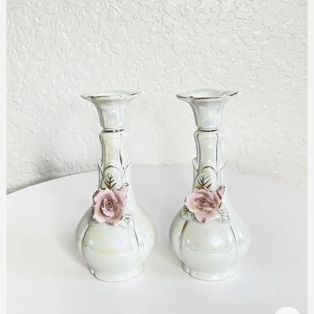 Vintage Chase Hand Painted Porcelain Floral Vase Set of 2